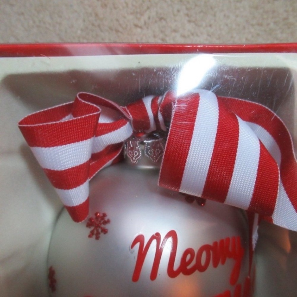 2 ornaments. Meowy Christmas kitty cat themed Holiday ornament w bow w stripes - Picture 5 of 14
